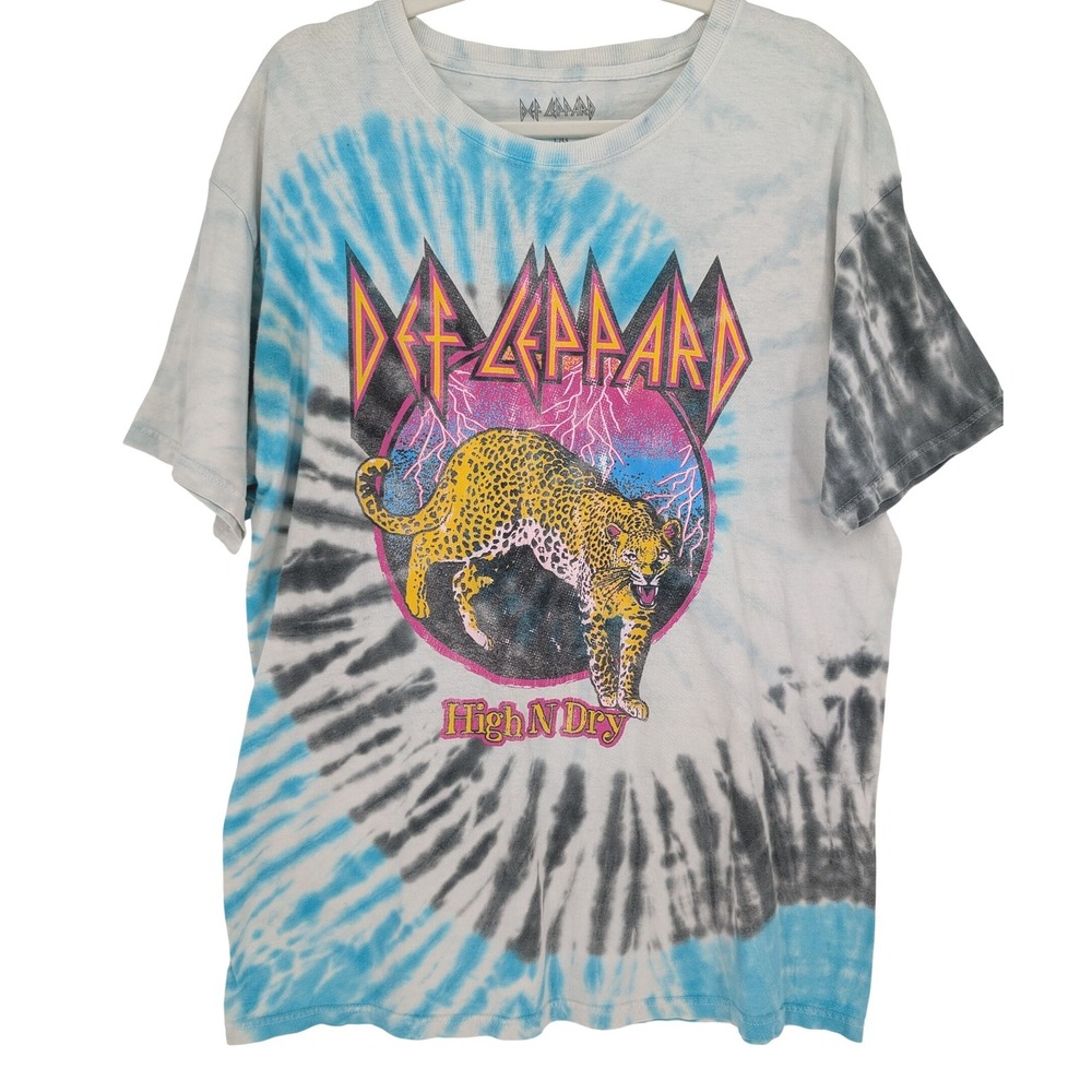 Def Leppard High N Dry Graphic Tee Mens L Blue Gray Tie Dye Retro Thrashed 90s‎